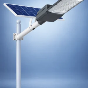 Triton Solar Street Light with LED lamp, solar panel, battery housing and mounting bracket on a cool blue studio background