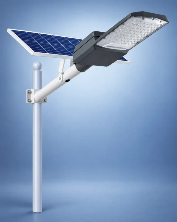 Triton Solar Street Light with LED lamp, solar panel, battery housing and mounting bracket on a cool blue studio background