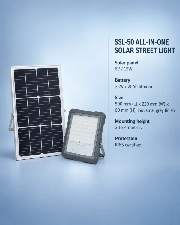 SSL-50 All-in-One Solar Street Light with 6V 15W solar panel, 3.2V 20Ah lithium battery,