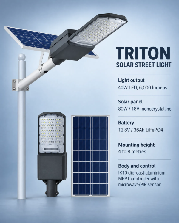 Triton Solar Street Light with 40W LED, 80W monocrystalline solar panel, 12.8V 36Ah LiFePO4 battery and MPPT controller specifications